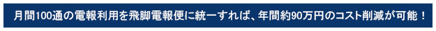 月間100通の電報利用を飛脚電報便に統一すれば、年間約90万円のコスト削減が可能！